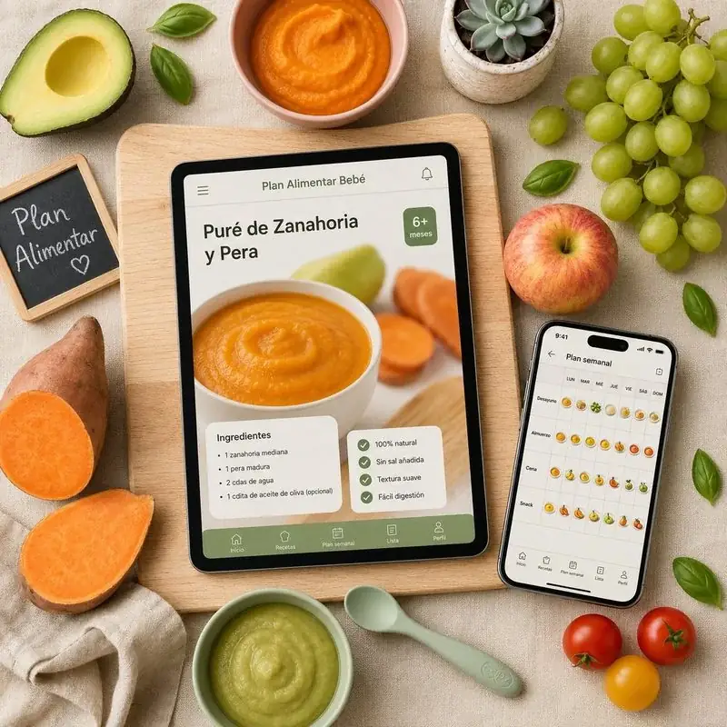 Plan Alimentar Bebé - flat lay con tablet, recetas y alimentos naturales